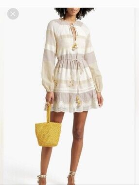 Hermant & Nandita  mini dress White Tassle Striped Floral Lace Long Sleeve White